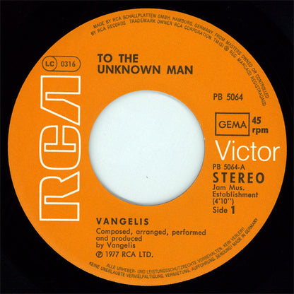 Vangelis : To The Unknown Man / To The Unknown Man (2) (7", Single, Jac)