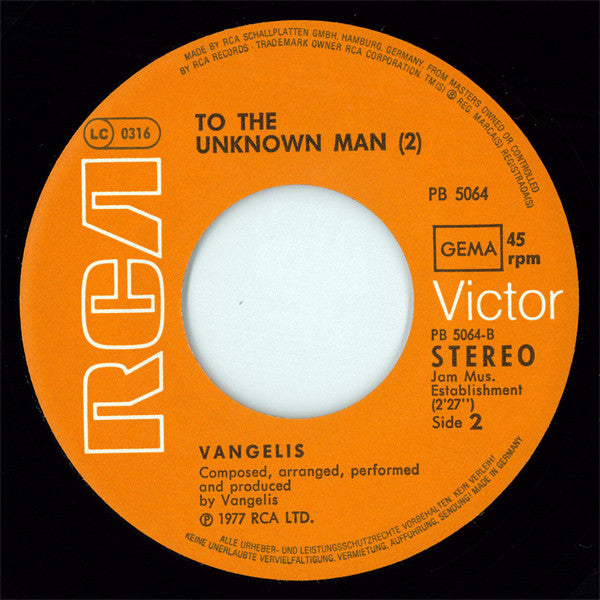 Vangelis : To The Unknown Man / To The Unknown Man (2) (7", Single, Jac)