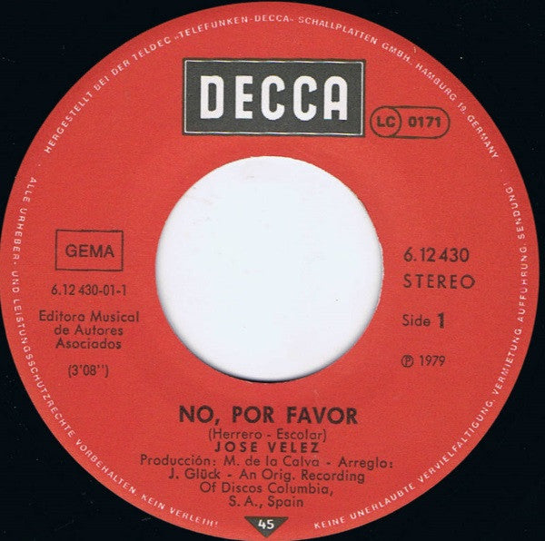 José Vélez : No, Por Favor (7", Single)