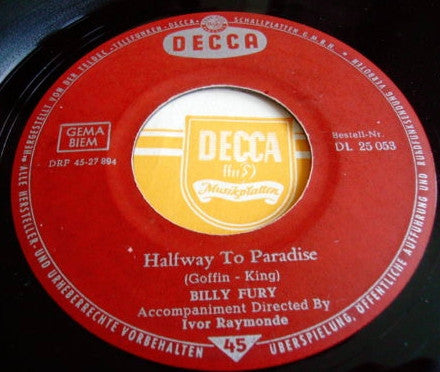 Billy Fury : Halfway To Paradise / Cross My Heart (7", Single)