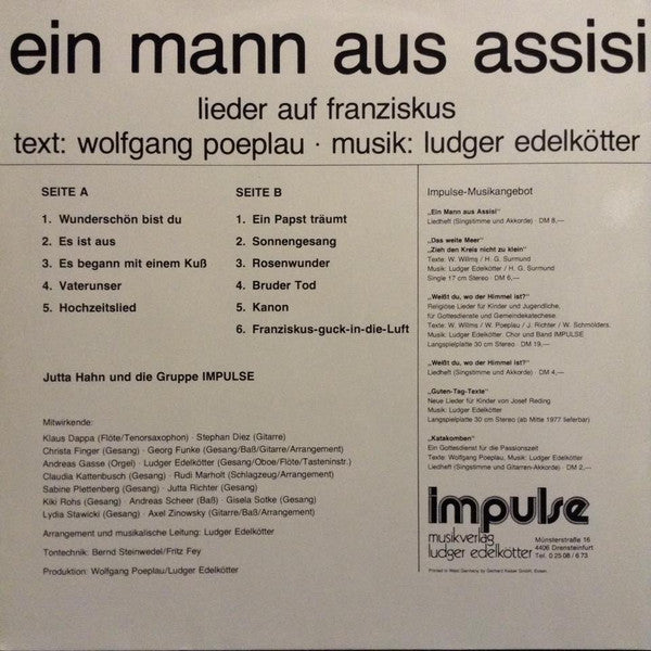 Jutta Hahn Und Impulse (19) : Ein Mann Aus Assisi - Lieder Auf Franziskus (LP, Album)