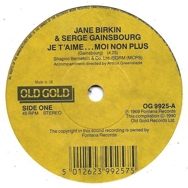 Jane Birkin And Serge Gainsbourg : Je T'aime ... Moi Non Plus / Jane B. (7", Single, RE)