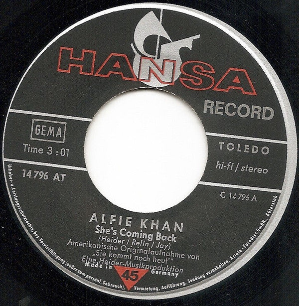 Alfie Khan : She's Coming Back (7", Single)