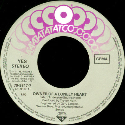 Yes : Owner Of A Lonely Heart (7", Single)