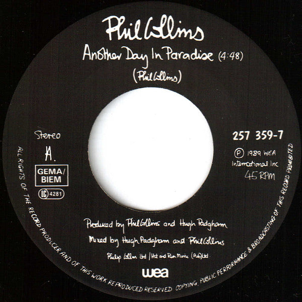 Phil Collins : Another Day In Paradise (7", Single)