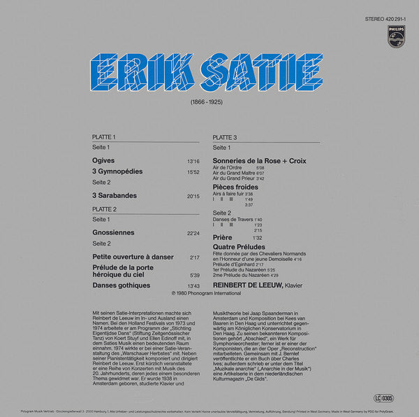 Erik Satie, Reinbert de Leeuw : Frühe Klavierstücke (3xLP, Comp, RE)