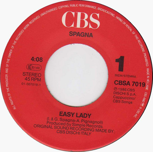 Ivana Spagna : Easy Lady (7", Single)