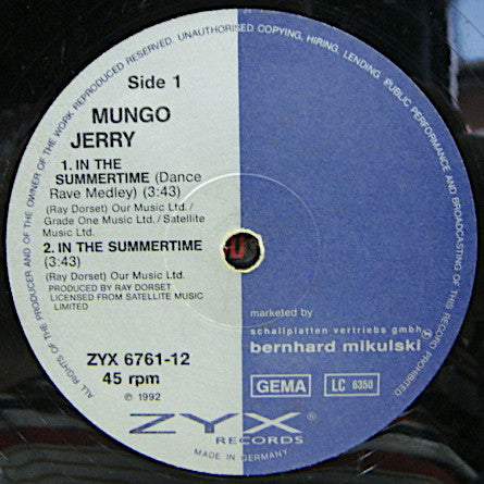 Mungo Jerry : In The Summertime Dance Rave Medley (12")