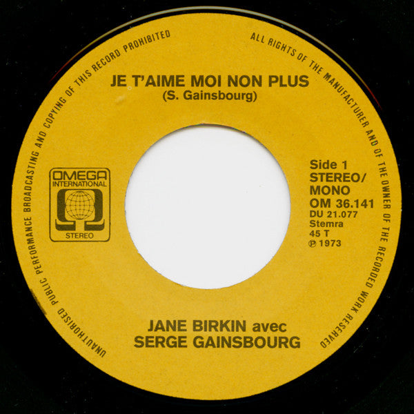 Jane Birkin Avec Serge Gainsbourg : Je T'aime Moi Non Plus / Jane B. (7", Single, Mono)