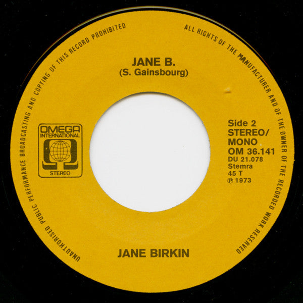 Jane Birkin Avec Serge Gainsbourg : Je T'aime Moi Non Plus / Jane B. (7", Single, Mono)