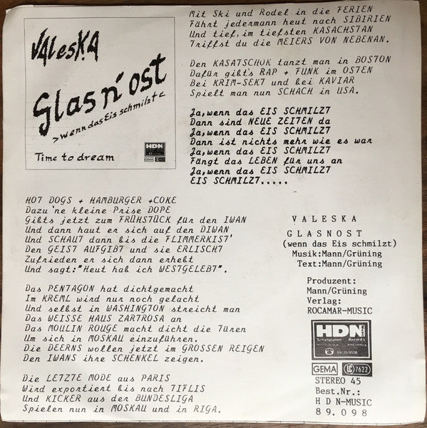 Valeska : Glas n'ost (Wenn Das Eis Schmilzt) / Time To Dream (7")