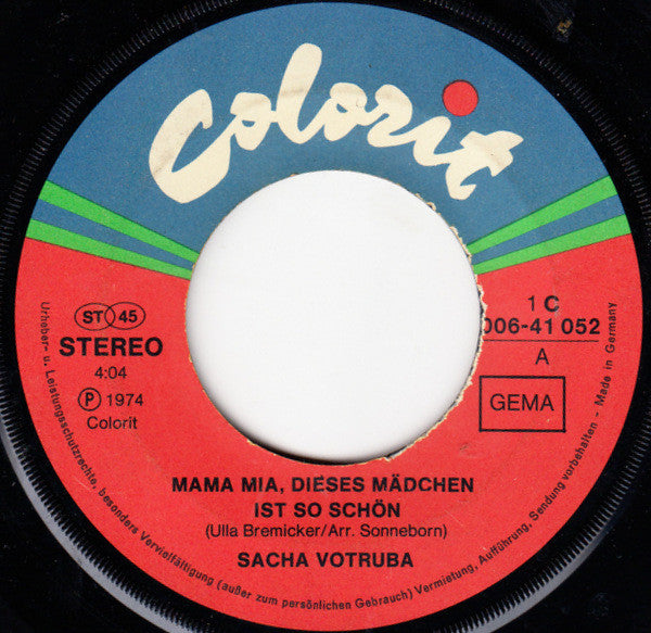 Sacha Votruba : Mama Mia (Dieses Mädchen Ist So Schön)  (7", Single)