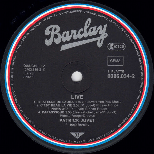 Patrick Juvet : "Live" (2xLP, Album, Gat)