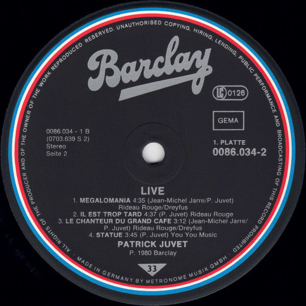 Patrick Juvet : "Live" (2xLP, Album, Gat)