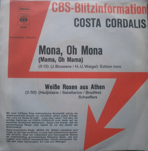 Costa Cordalis : Mona, Oh Mona (7", Single, Promo)