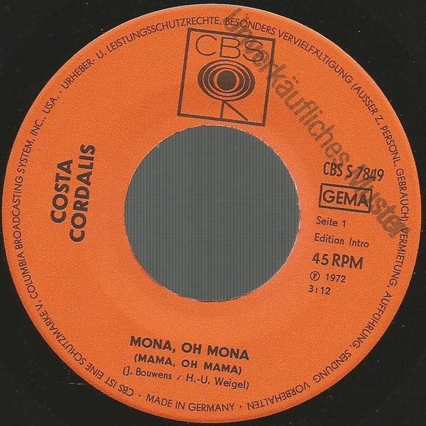 Costa Cordalis : Mona, Oh Mona (7", Single, Promo)