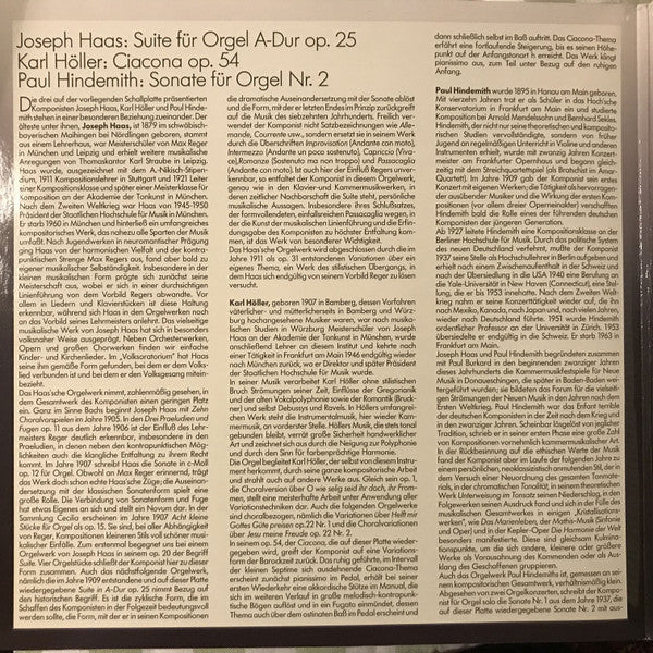 Joseph Haas / Karl Höller / Paul Hindemith, Franz Lehrndorfer : Suite Für Orgel A-dur Op. 25 / Ciacona Op. 54 / Sonate Für Orgel Nr. 2 (LP, Album, Dig)