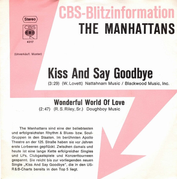 Manhattans : Kiss And Say Goodbye (7", Single, Promo)