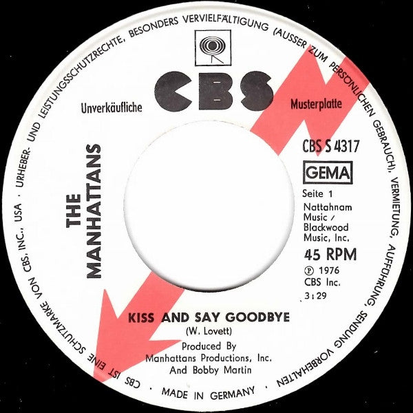 Manhattans : Kiss And Say Goodbye (7", Single, Promo)