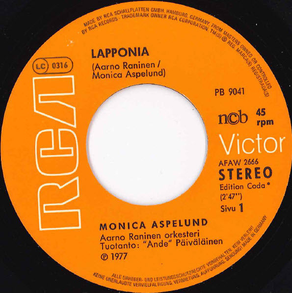 Monica Aspelund : Lapponia (7", Single)