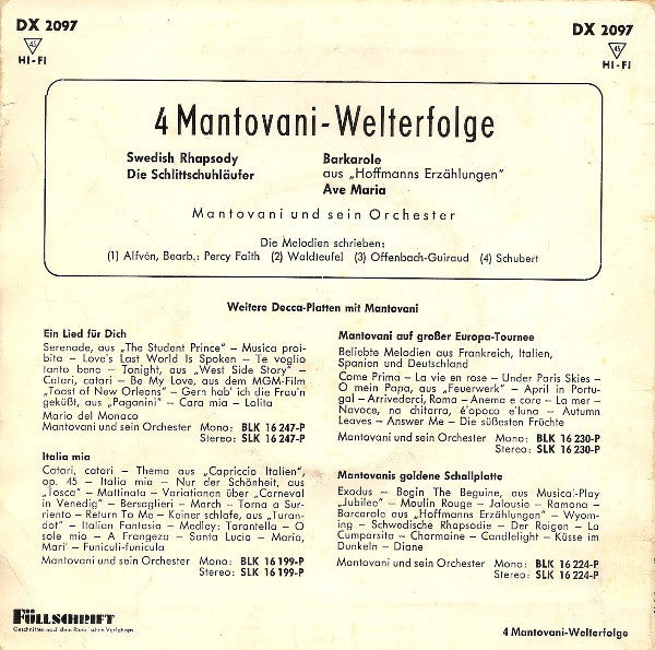 Mantovani And His Orchestra : 4 Mantovani Welterfolge (7", EP)