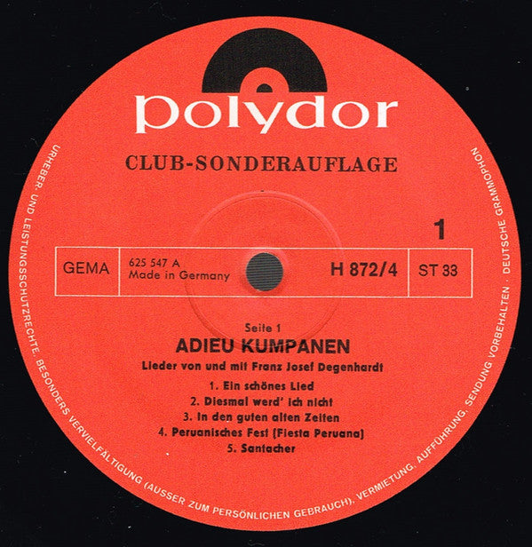 Franz Josef Degenhardt : Adieu Kumpanen (LP, Comp, Club)