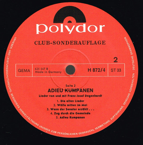 Franz Josef Degenhardt : Adieu Kumpanen (LP, Comp, Club)