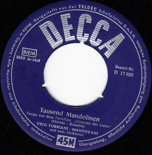 Vico Torriani - Mantovani And His Orchestra : Liebeswalzer / Tausend Mandolinen (7", Single, Mono)