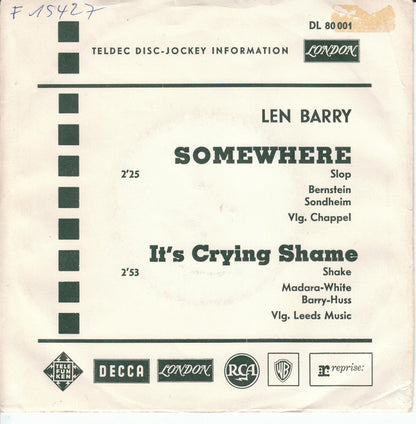 Len Barry : It's A Crying Shame / Somewhere (7", Single, Promo)