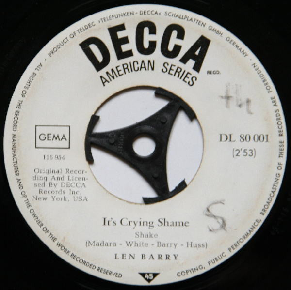 Len Barry : It's A Crying Shame / Somewhere (7", Single, Promo)