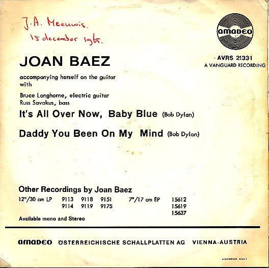 Joan Baez : It's All Over Now, Baby Blue (7", Single)