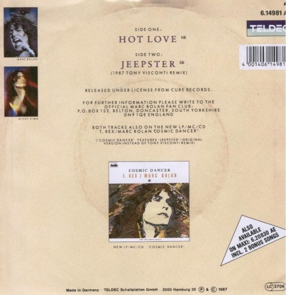 T. Rex / Marc Bolan : Hot Love / Jeepster (1987 Tony Visconti Remix) (7", Single)