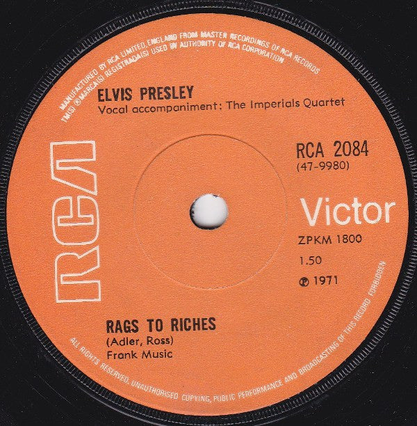 Elvis Presley : Rags To Riches (7", Single, Sol)