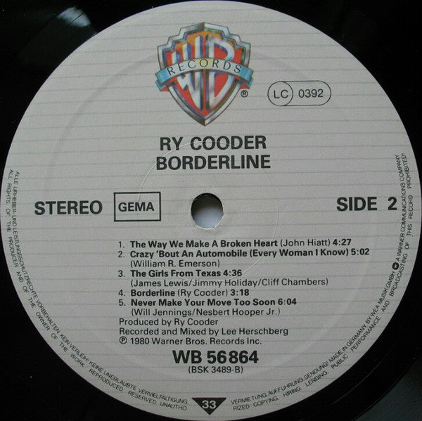 Ry Cooder : Borderline (LP, Album, RP)