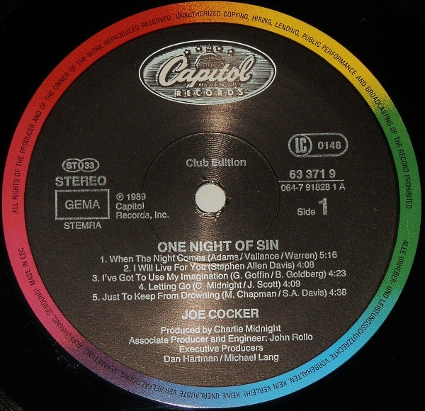 Joe Cocker : One Night Of Sin (LP, Album, Club)