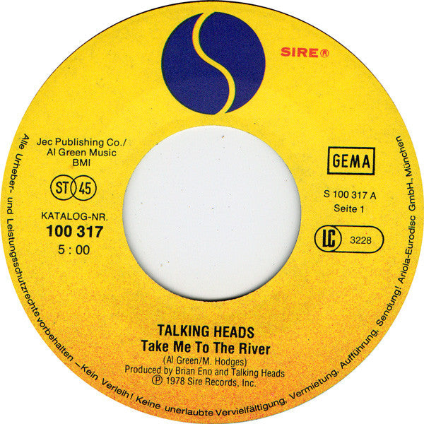 Talking Heads : Take Me To The River / Thank You For Sending Me An Angel (7", Single)