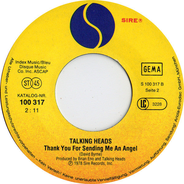 Talking Heads : Take Me To The River / Thank You For Sending Me An Angel (7", Single)