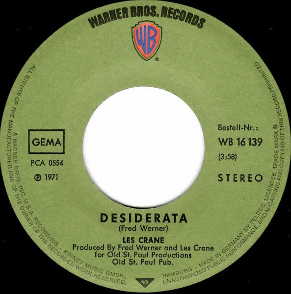 Les Crane / Friedrich Schütter : Desiderata (7", Single)