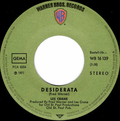 Les Crane / Friedrich Schütter : Desiderata (7", Single)