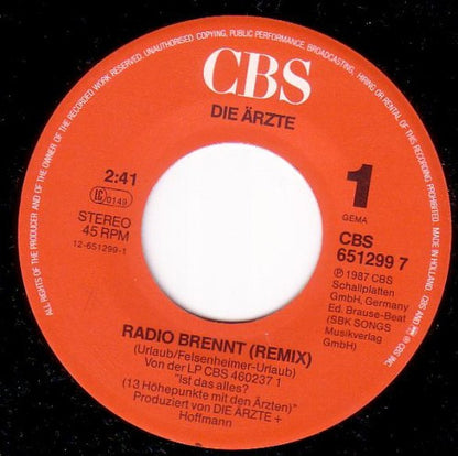 Die Ärzte : Radio Brennt (Remix) (7", Single)