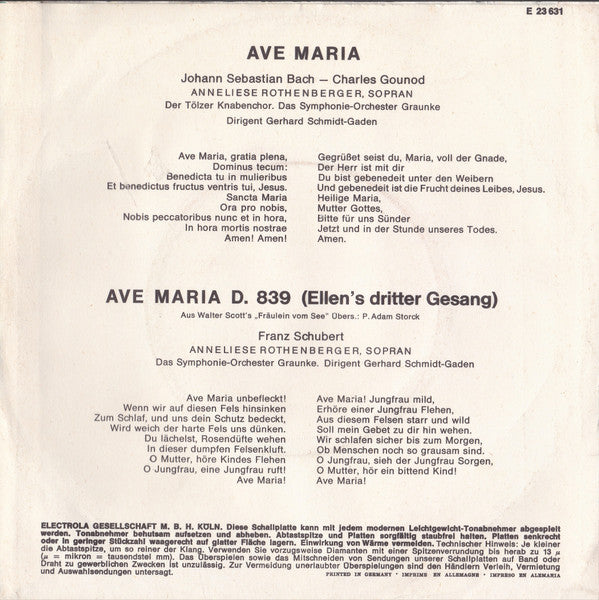 Anneliese Rothenberger / Johann Sebastian Bach - Charles Gounod Und Franz Schubert : Ave Maria (7")