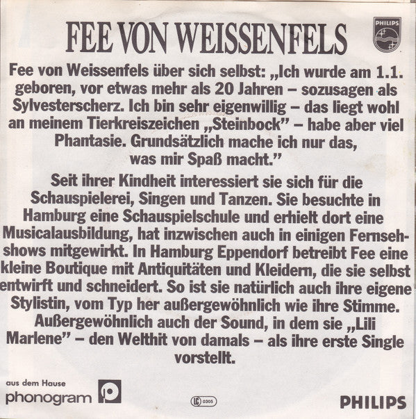 Fee Von Weissenfels : Lili Marlene (7", Single)