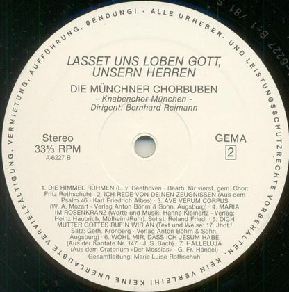 Die Münchner Chorbuben , Dirigent: Bernhard Reimann : Lasset Uns Loben Gott, Unsern Herren (LP, Album)