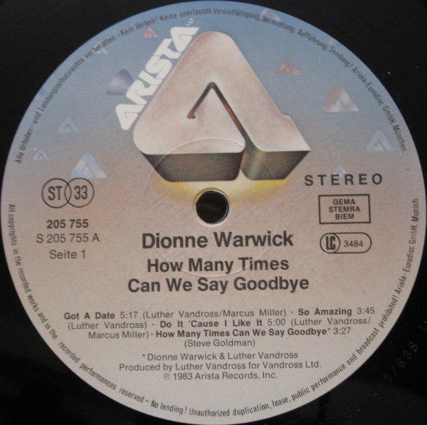 Dionne Warwick : How Many Times Can We Say Goodbye (LP, Album)