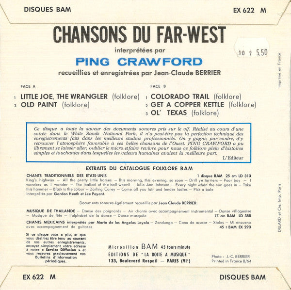 Ping Crawford : Chansons Du Far-West (7", EP)