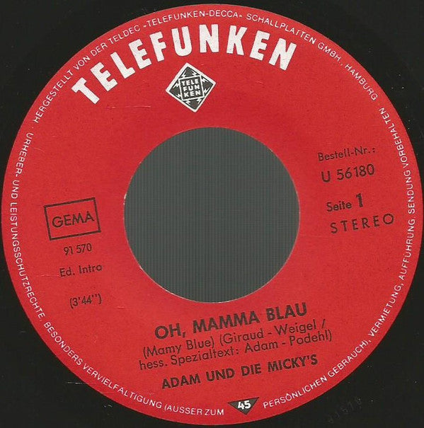 Adam Und Die Micky's : Oh, Mamma Blau (Mamy Blue) (7", Single)