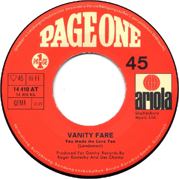 Vanity Fare : Early In The Morning / You Made Me Love You (7", Single, Mono)