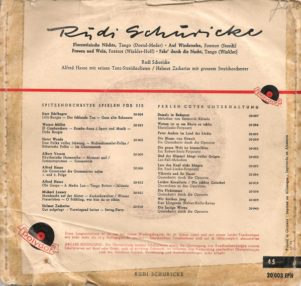 Rudi Schuricke : Florentinische Nächte (7", EP, Mono)