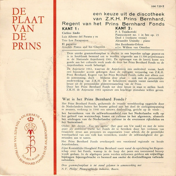 Z.K.H. Prins Bernhard, Various : De Plaat Van De Prins - Anjeractie 1961 (7")