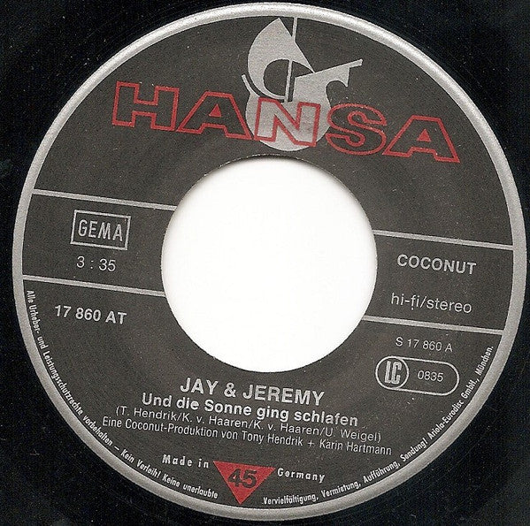 Jay & Jeremy : Und Die Sonne Ging Schlafen / Marilyn (7", Single)